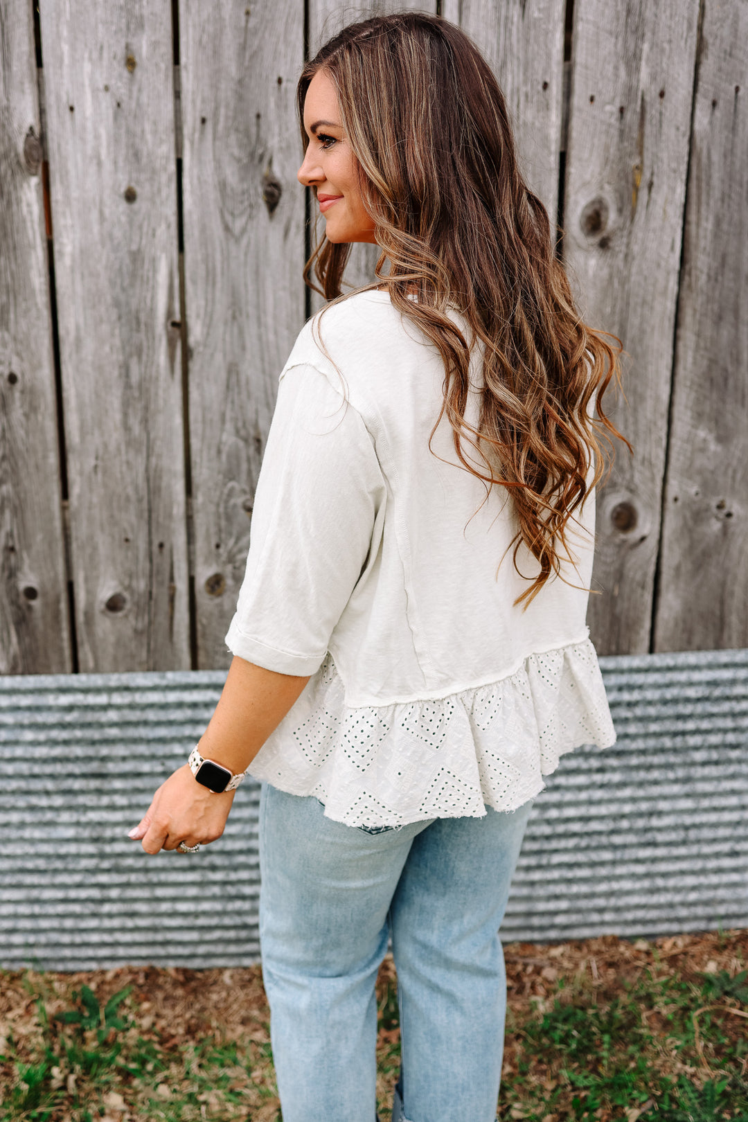 Jenna Lace Ruffle Washed Top - Ecru
