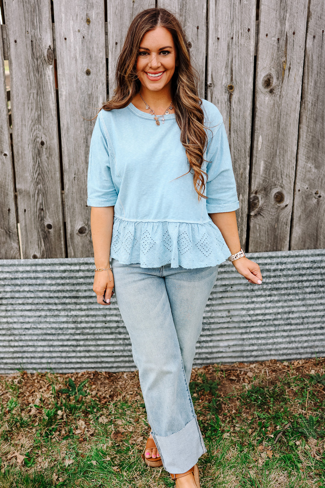 Jenna Lace Ruffle Washed Top - Dusty Blue
