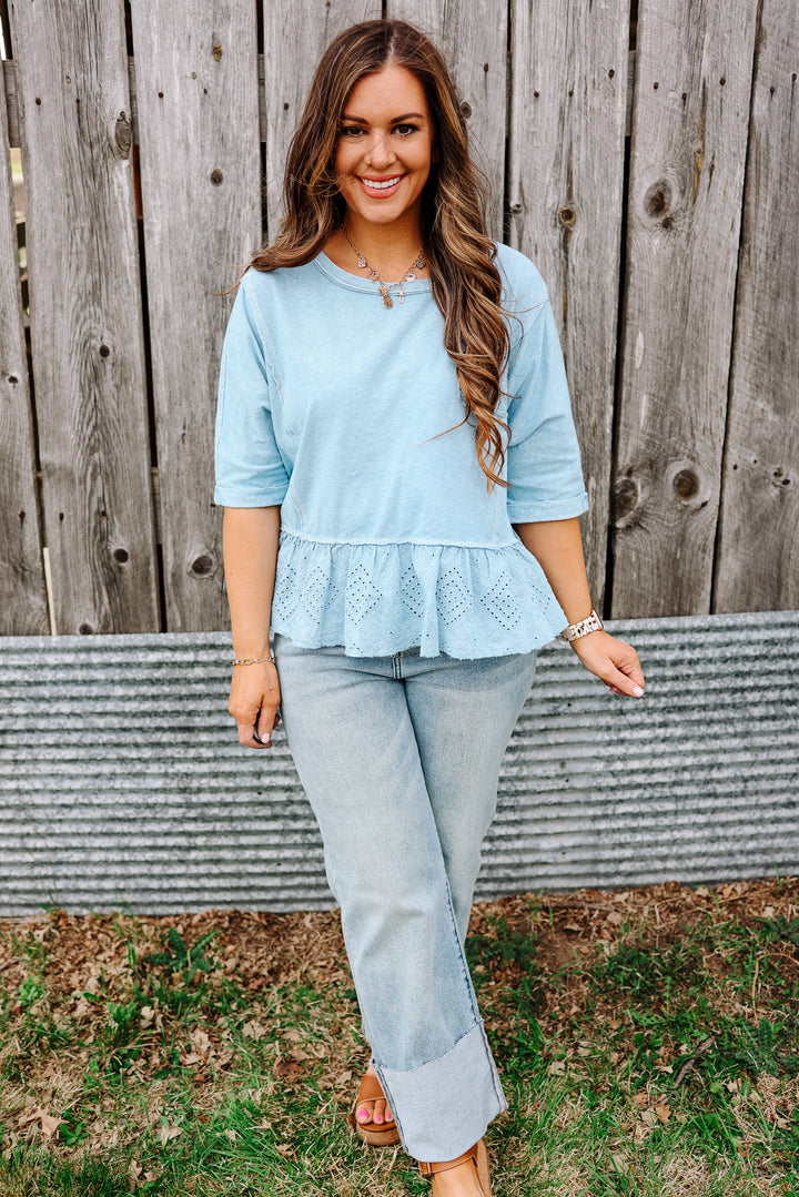 Jenna Lace Ruffle Washed Top - Dusty Blue