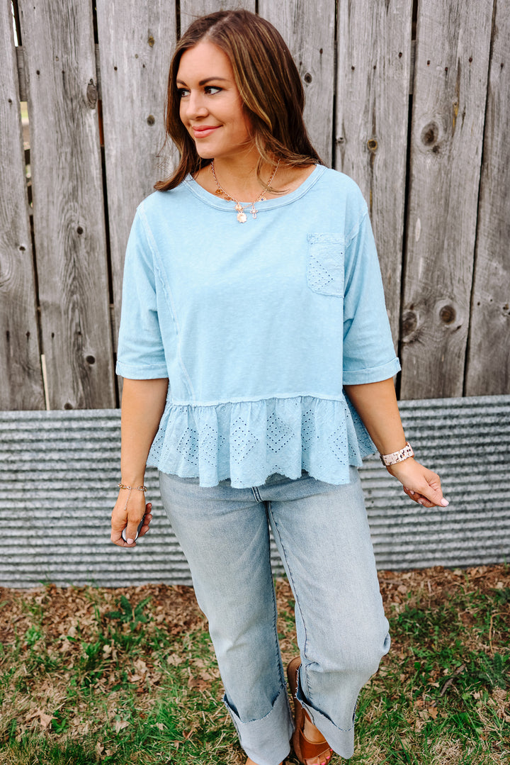 Jenna Lace Ruffle Washed Top - Dusty Blue