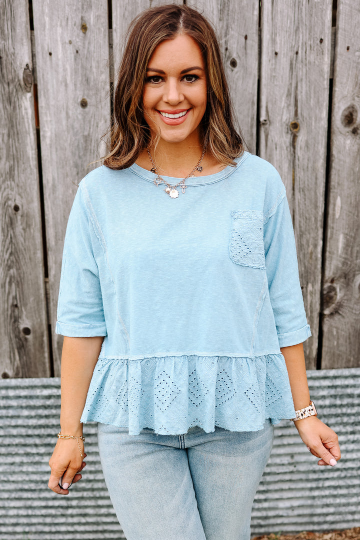 Jenna Lace Ruffle Washed Top - Dusty Blue