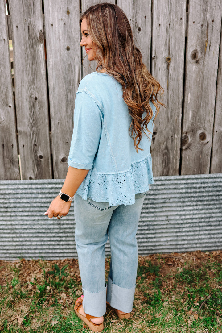 Jenna Lace Ruffle Washed Top - Dusty Blue