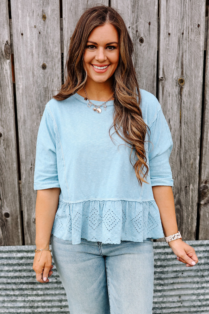 Jenna Lace Ruffle Washed Top - Dusty Blue