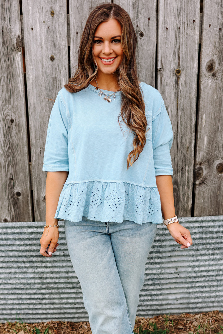 Jenna Lace Ruffle Washed Top - Dusty Blue