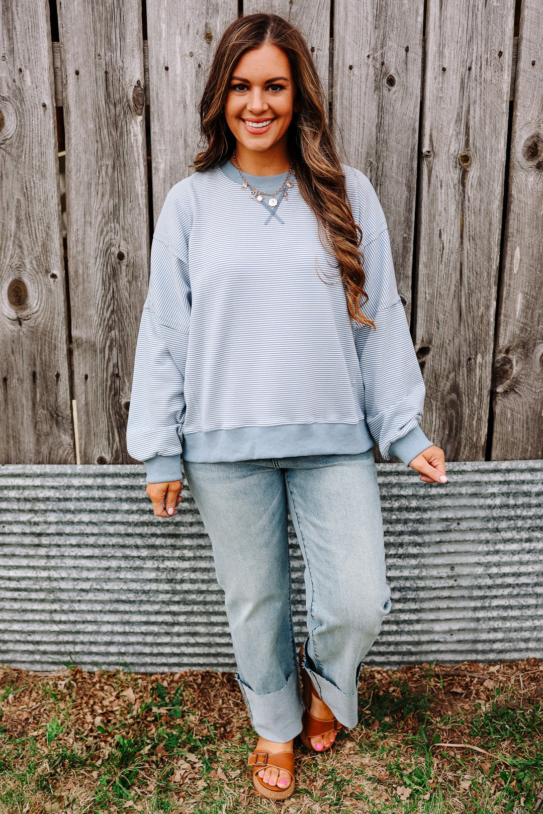 Nixie Striped Drop Shoulder Sweatshirt - Ivory/Blue