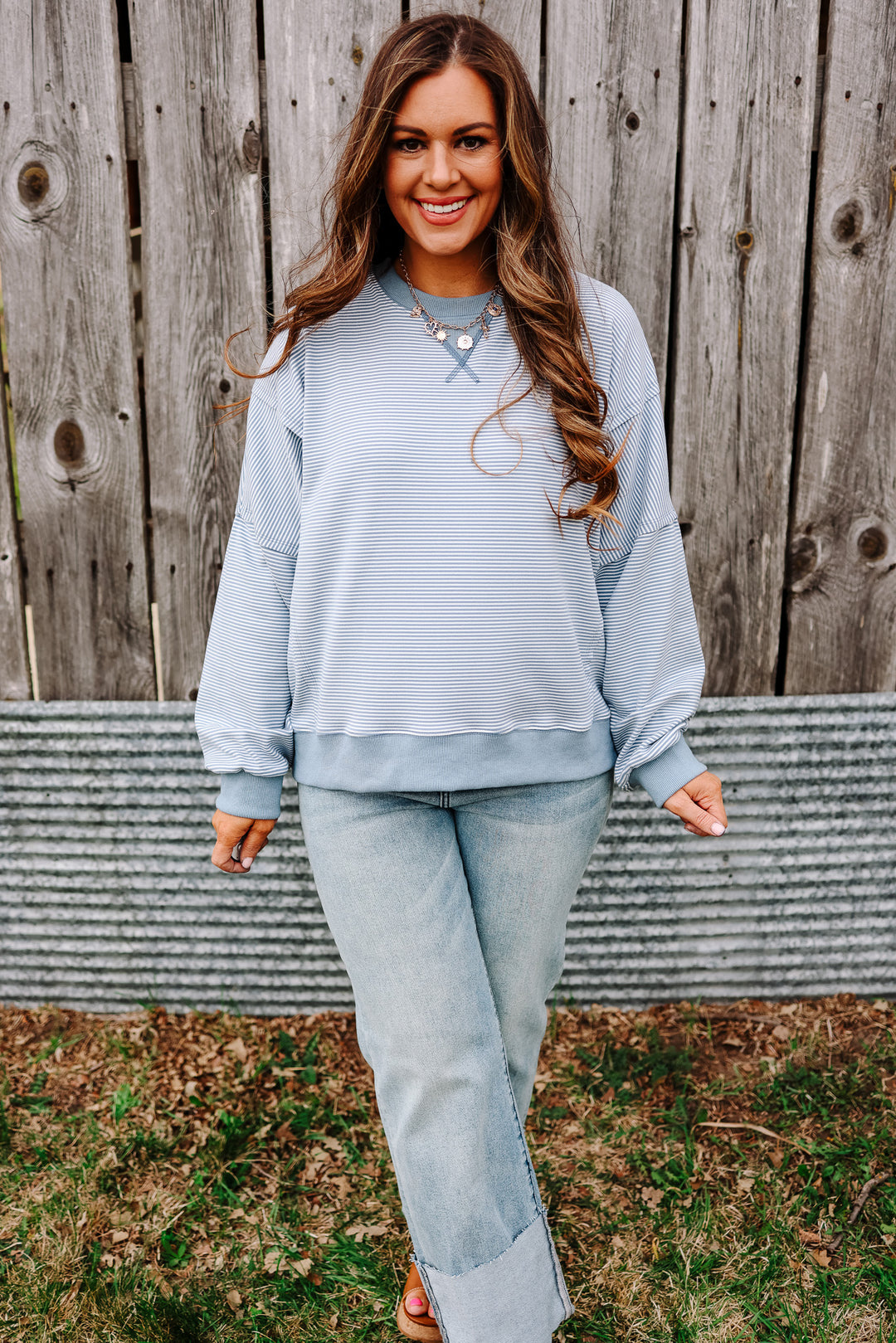 Nixie Striped Drop Shoulder Sweatshirt - Ivory/Blue