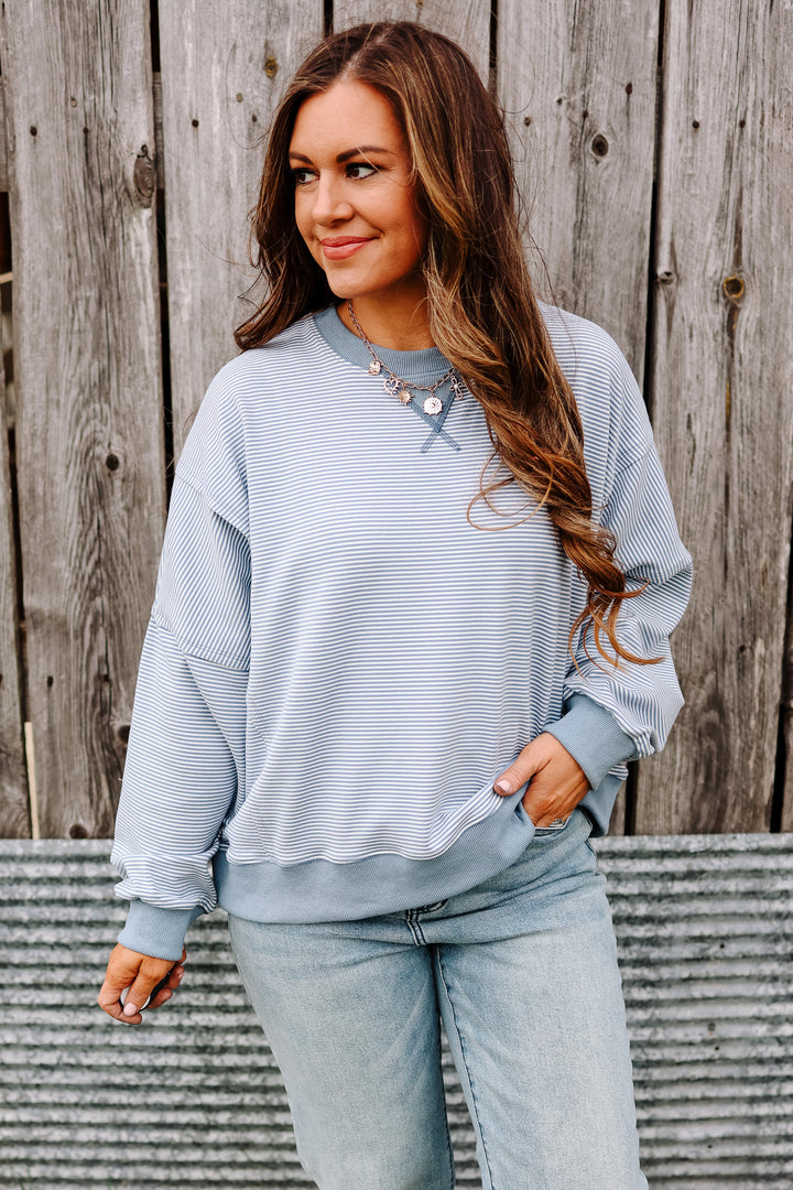 Nixie Striped Drop Shoulder Sweatshirt - Ivory/Blue