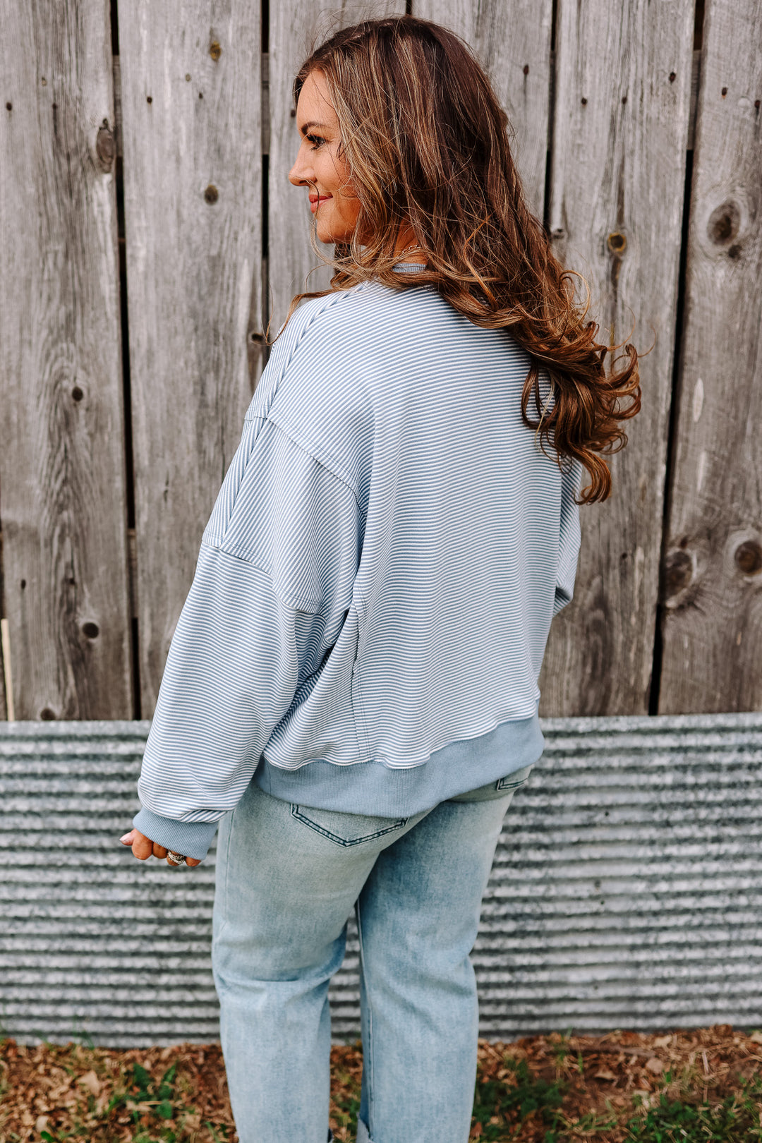 Nixie Striped Drop Shoulder Sweatshirt - Ivory/Blue