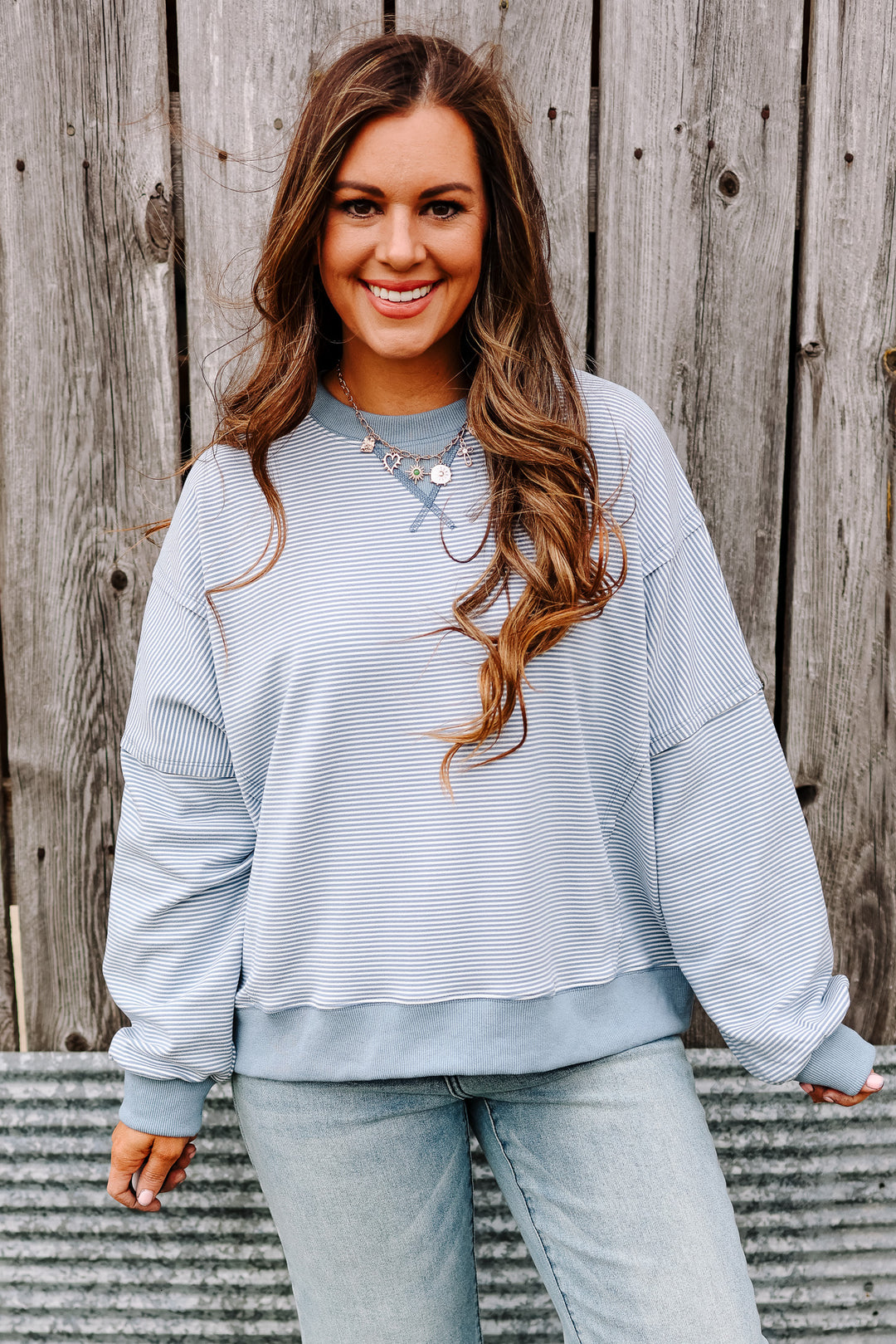 Nixie Striped Drop Shoulder Sweatshirt - Ivory/Blue