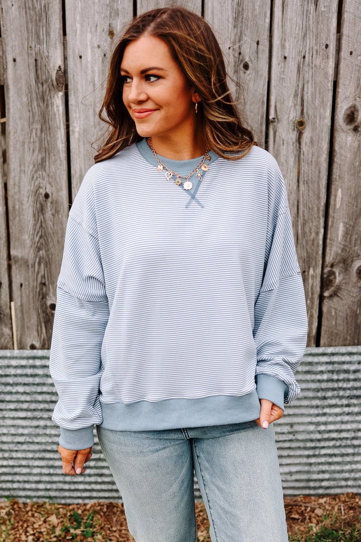 Nixie Striped Drop Shoulder Sweatshirt - Ivory/Blue