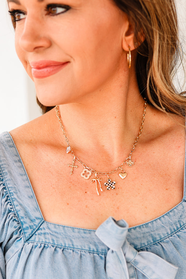 Clover Bow Checker Flower Heart Charm Necklace