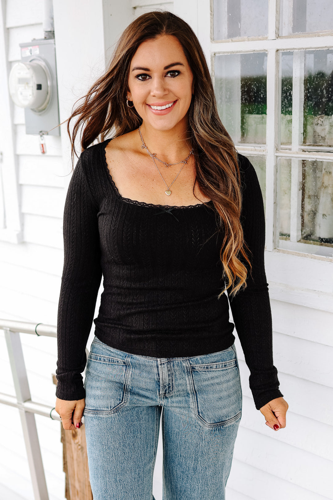 Holly Lace Edge Pointelle Top - Black