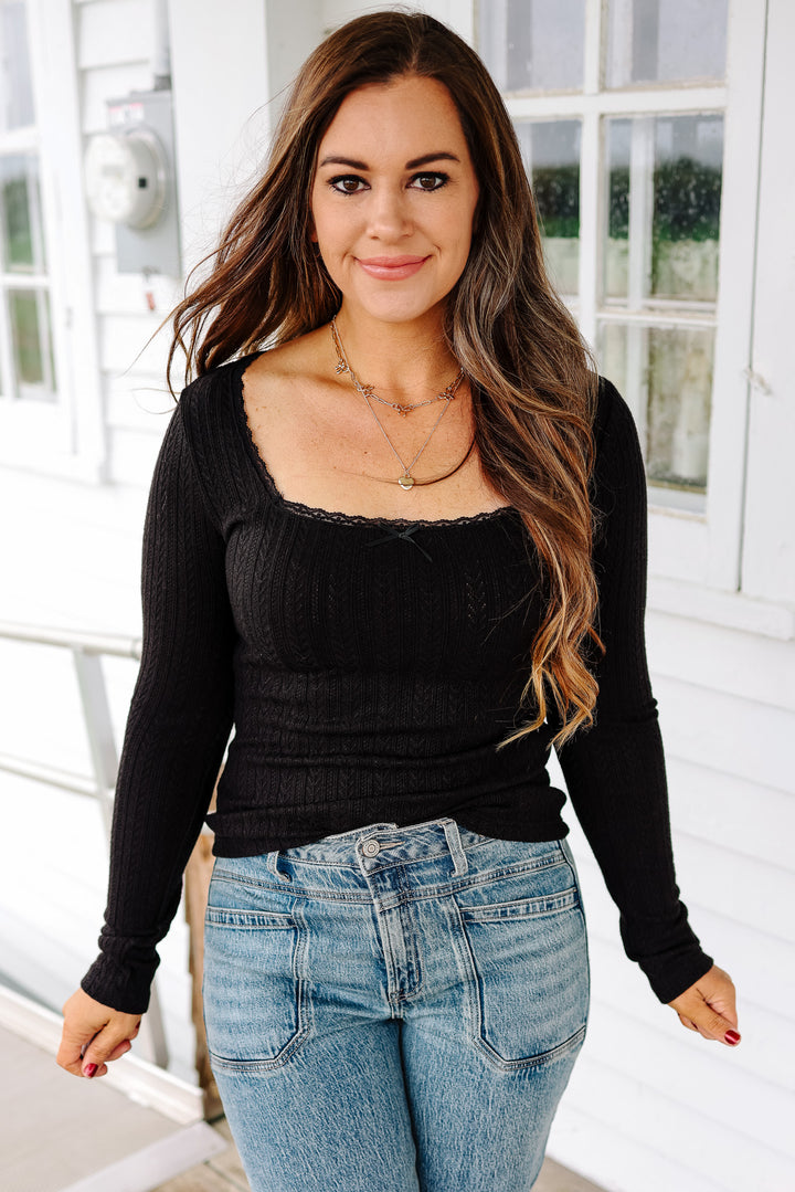 Holly Lace Edge Pointelle Top - Black