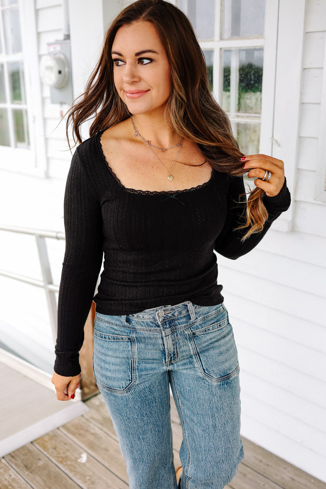 Holly Lace Edge Pointelle Top - Black