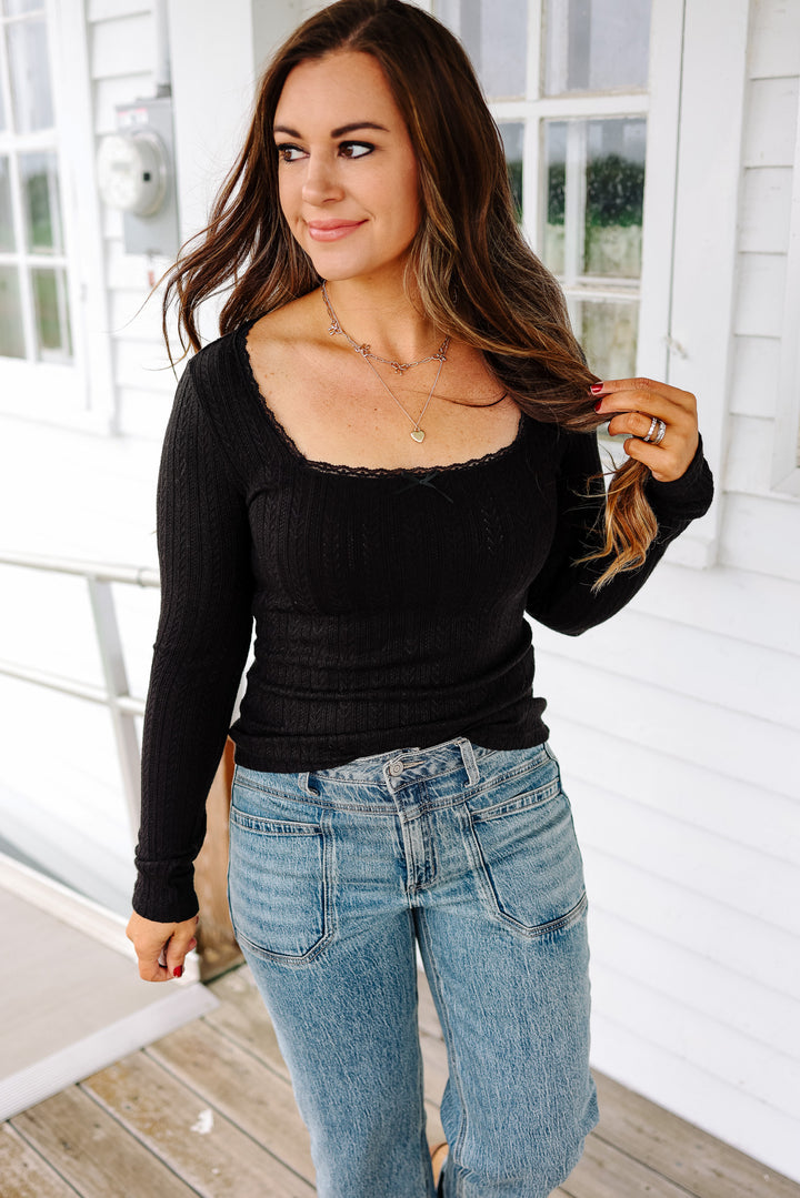 Holly Lace Edge Pointelle Top - Black