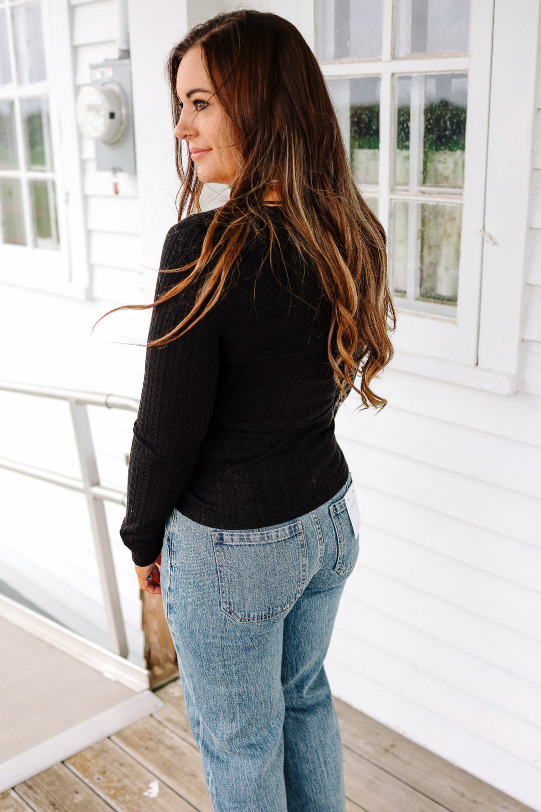 Holly Lace Edge Pointelle Top - Black