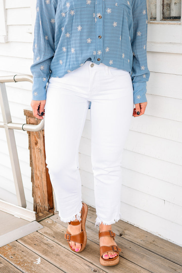 VERVET: Cove Mid Rise White Crop Straight Jeans