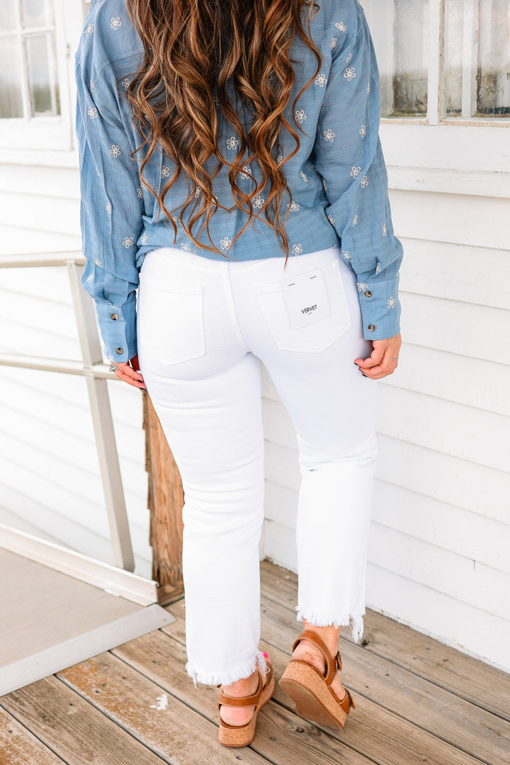 VERVET: Cove Mid Rise White Crop Straight Jeans