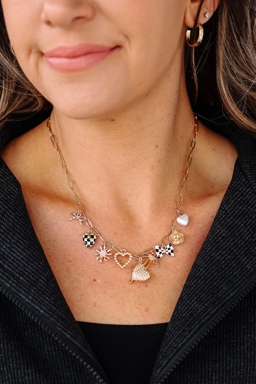 Bow Checker Heart Floral Charm Necklace