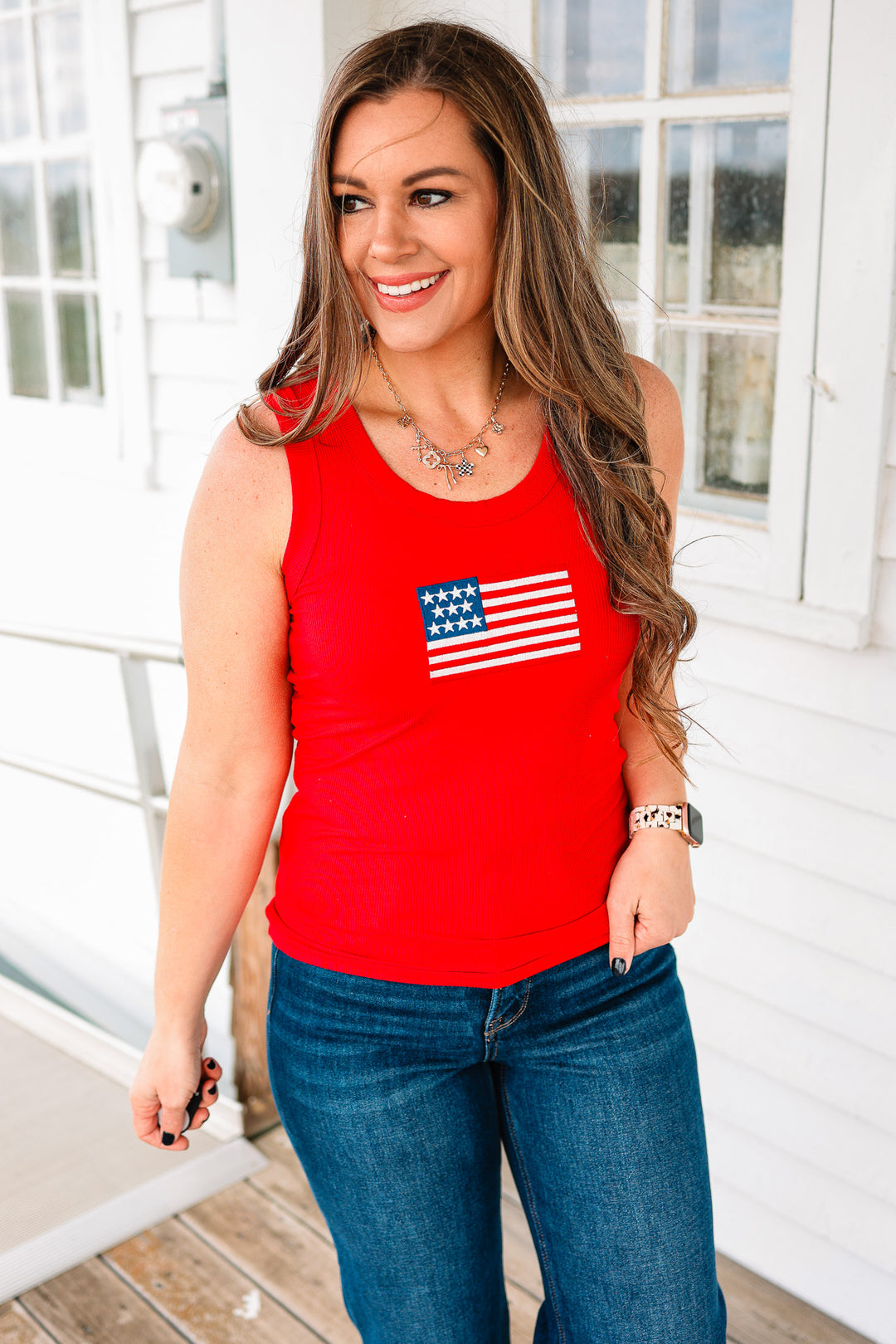 American Flag Ribbed Tank - Ruby
