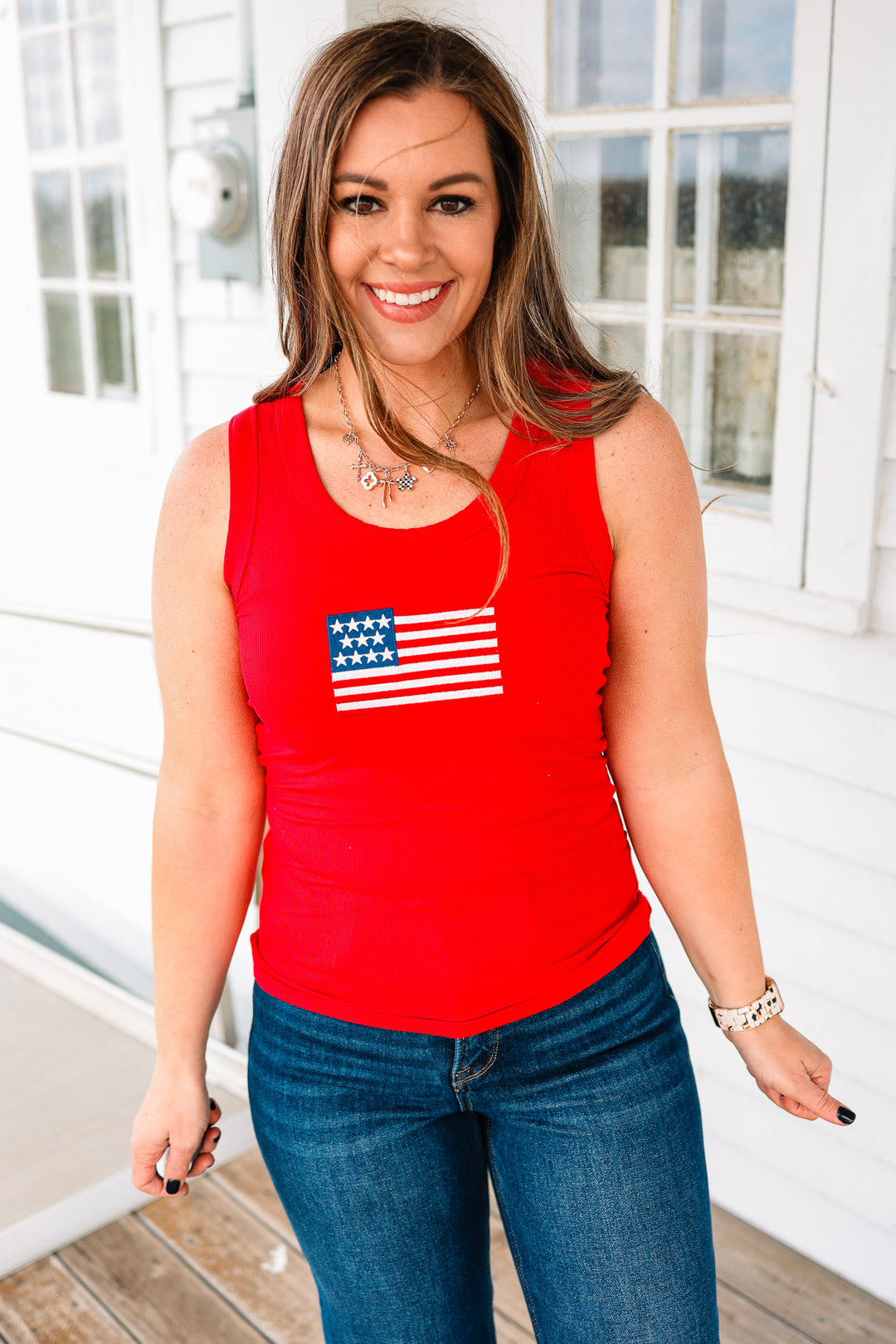 American Flag Ribbed Tank - Ruby