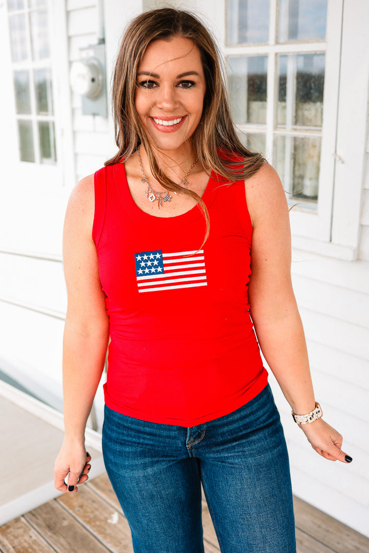 American Flag Ribbed Tank - Ruby
