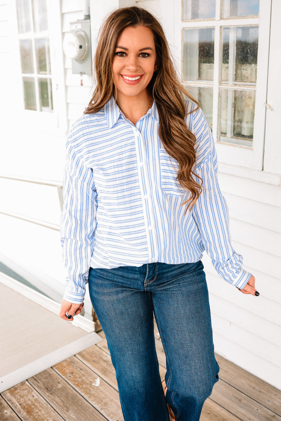 Noelle Striped Button Down Shirt - Blue