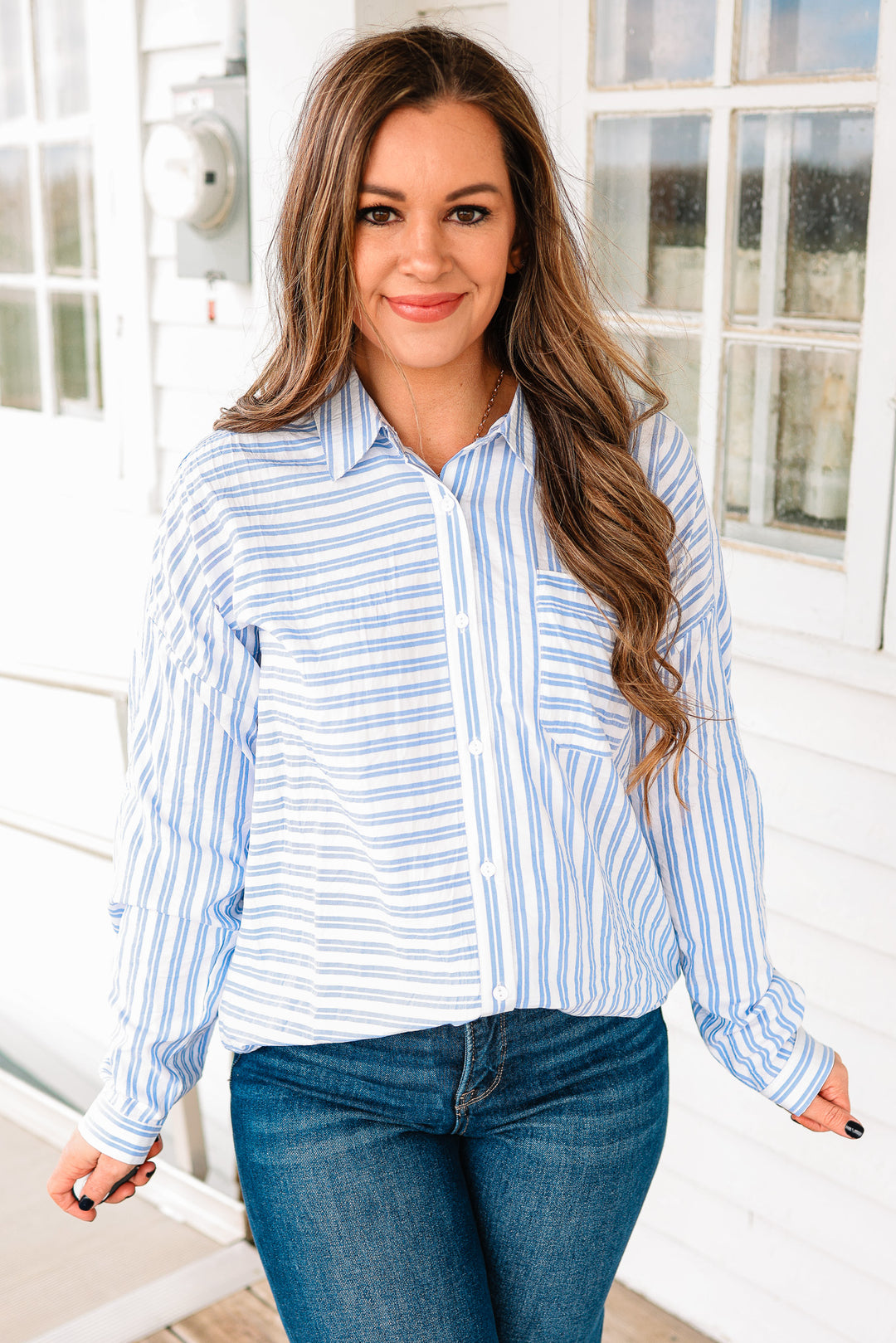 Noelle Striped Button Down Shirt - Blue