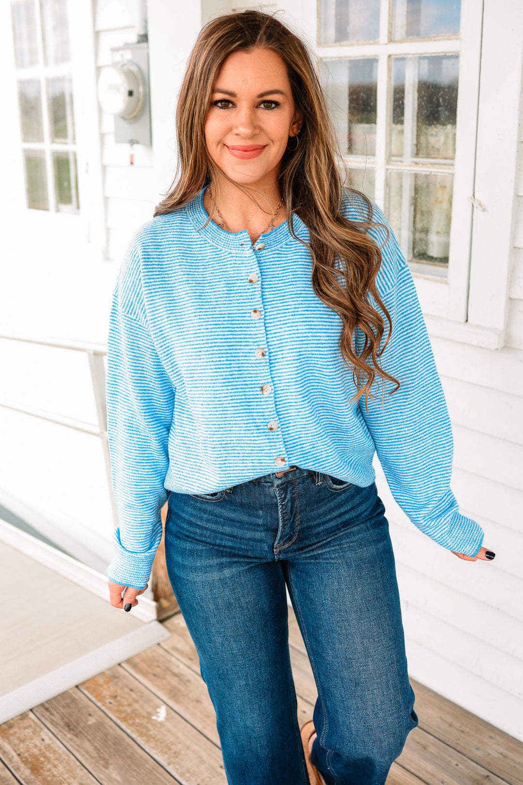 Elise Striped Button Down Sweater - Coastal