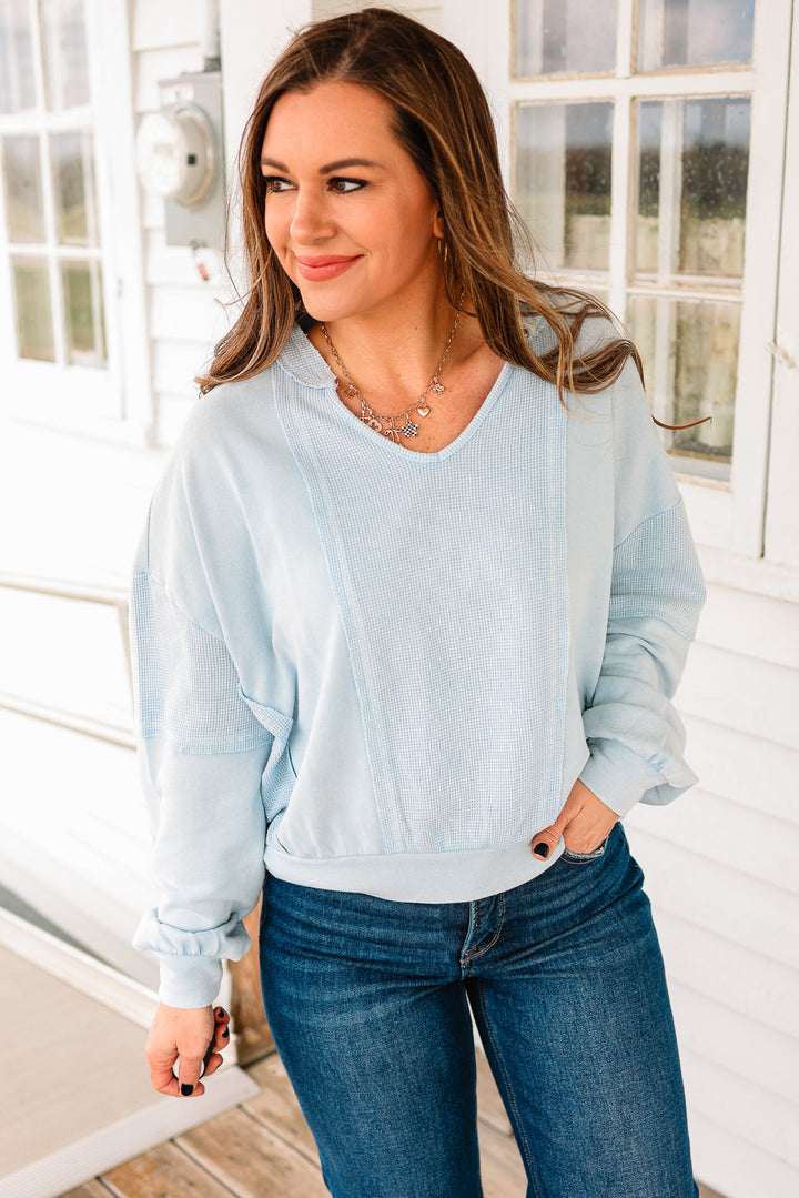 Josie Waffle Mix Terry Top - Dusty Blue
