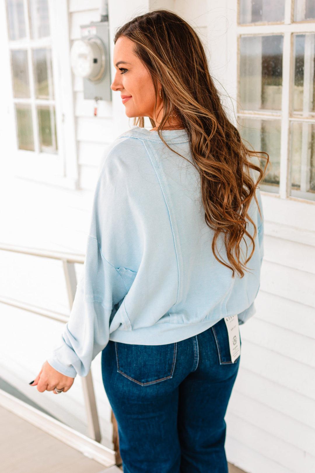 Josie Waffle Mix Terry Top - Dusty Blue