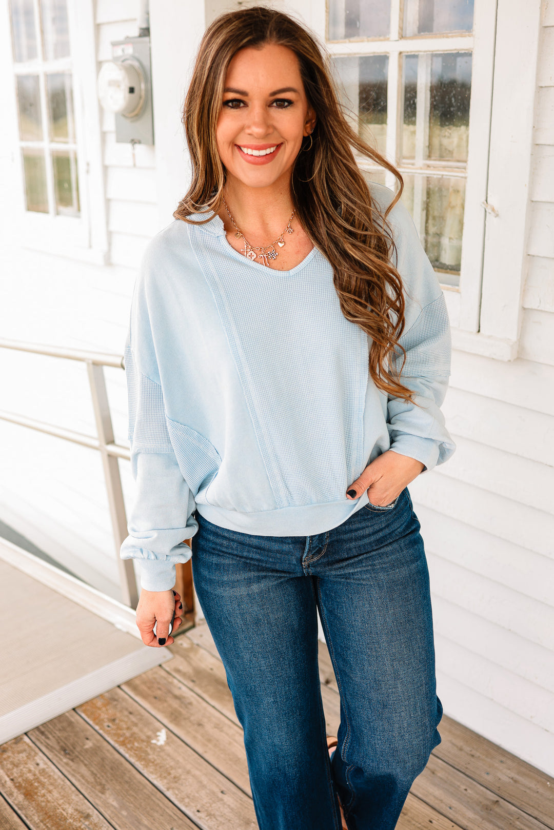 Josie Waffle Mix Terry Top - Dusty Blue
