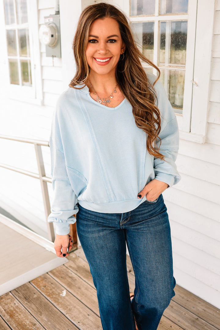 Josie Waffle Mix Terry Top - Dusty Blue