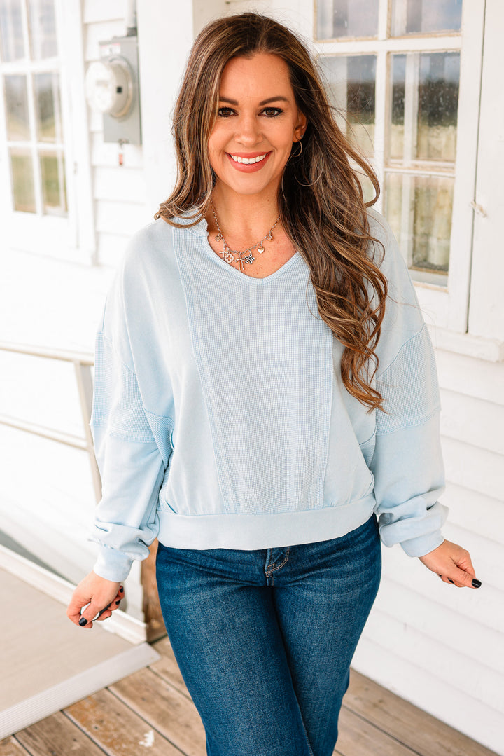 Josie Waffle Mix Terry Top - Dusty Blue