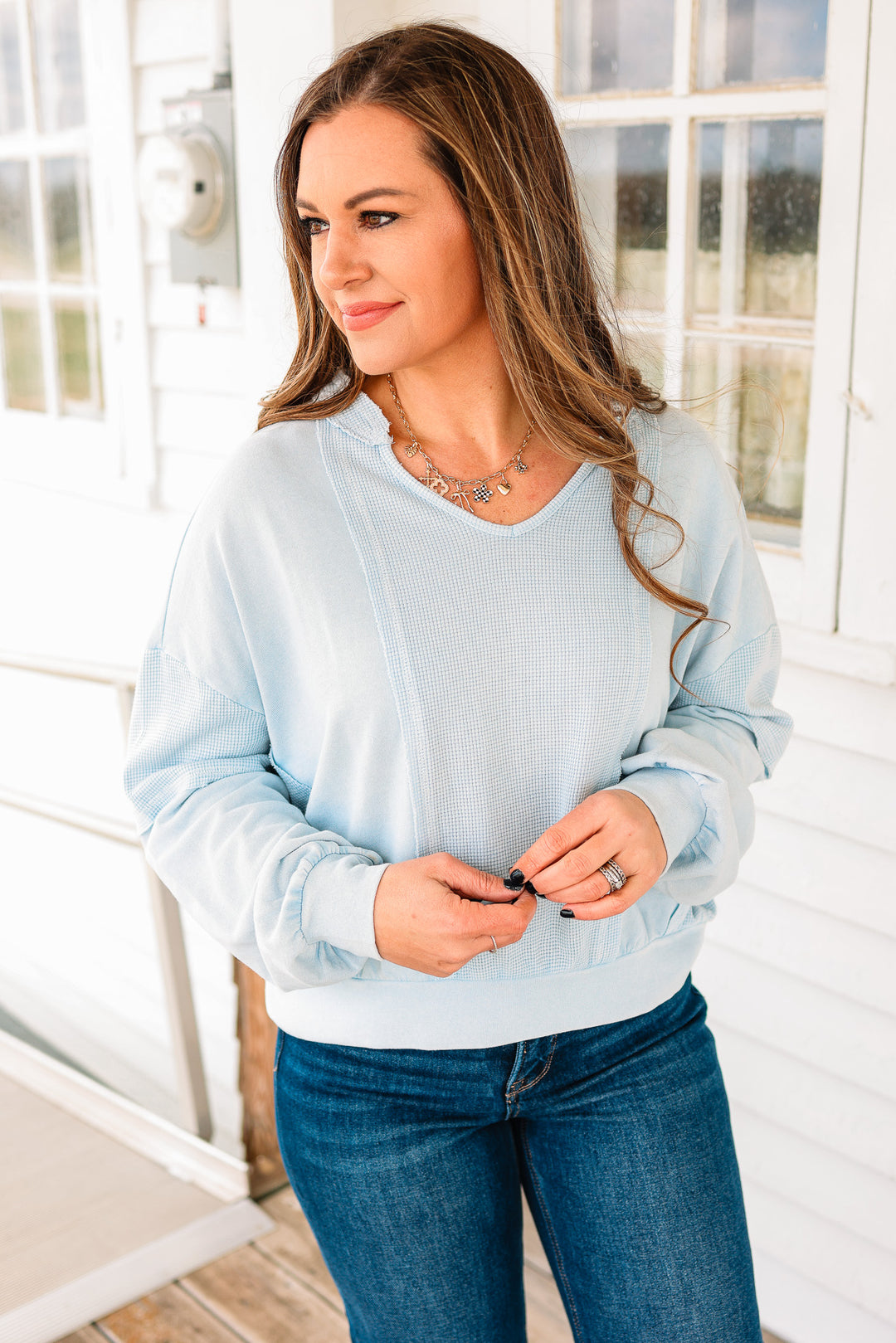 Josie Waffle Mix Terry Top - Dusty Blue
