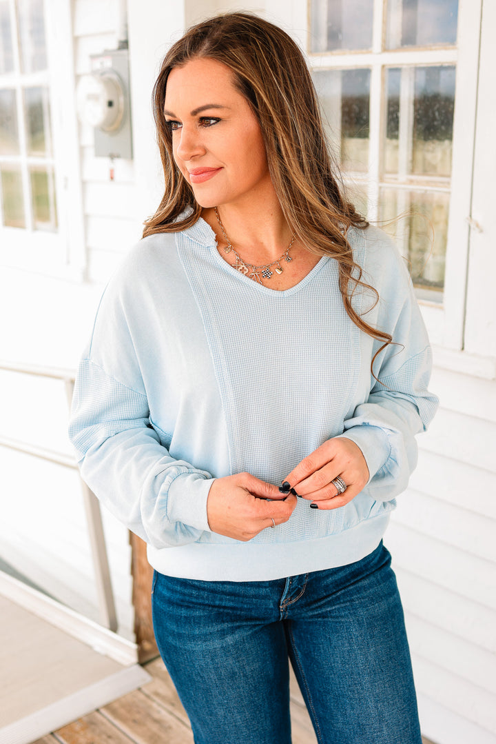 Josie Waffle Mix Terry Top - Dusty Blue
