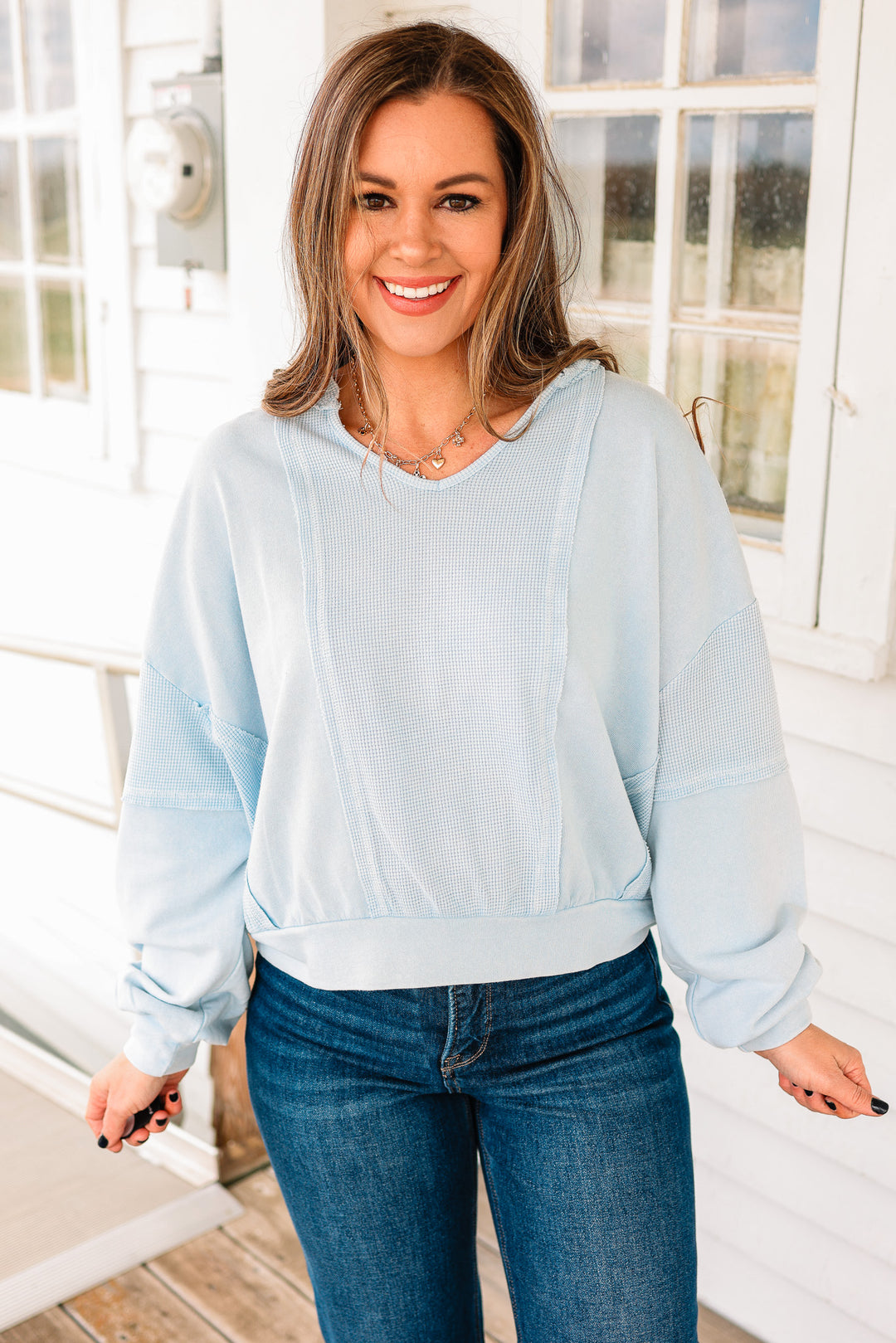 Josie Waffle Mix Terry Top - Dusty Blue