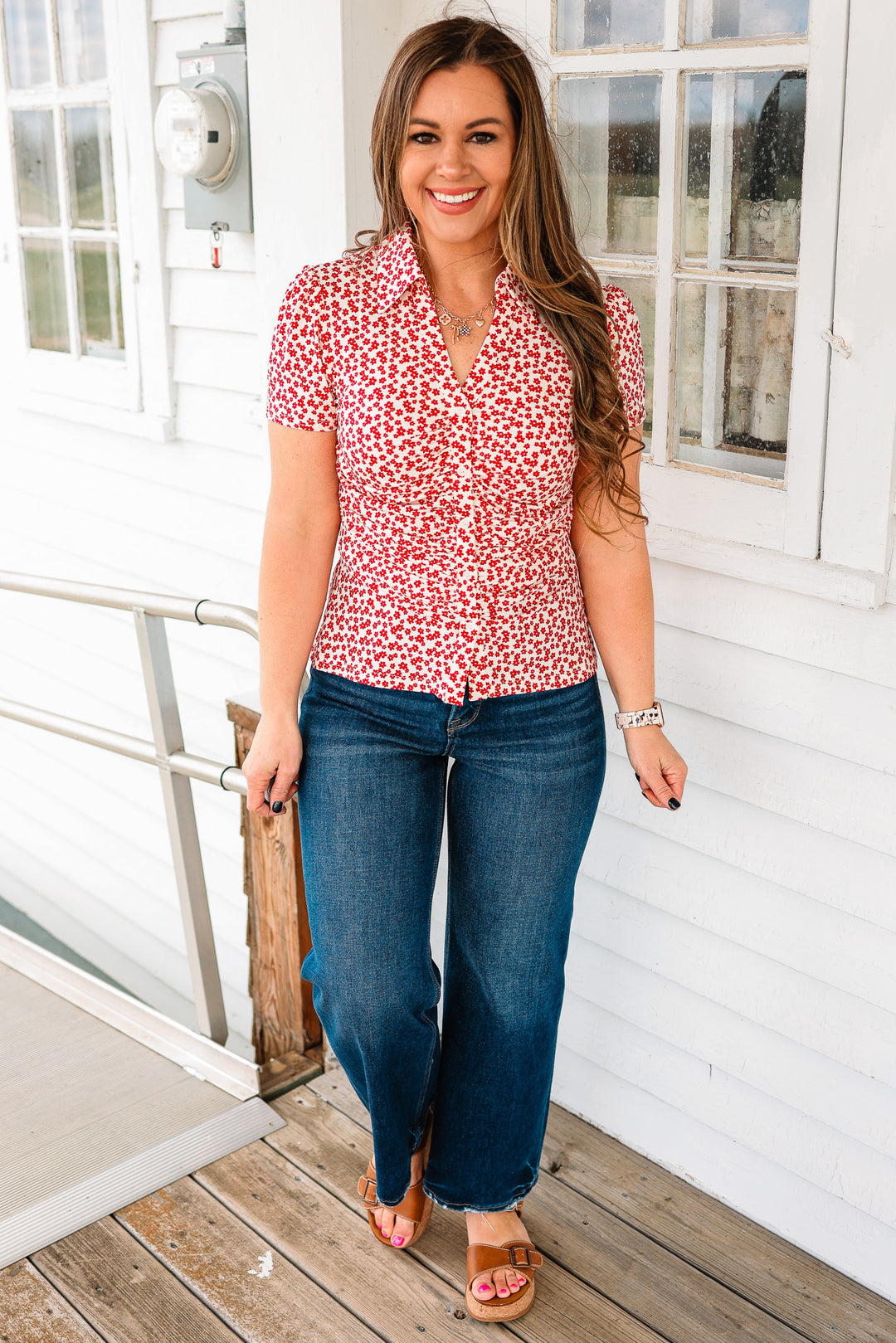 Jane Ruched Floral Button Down Shirt