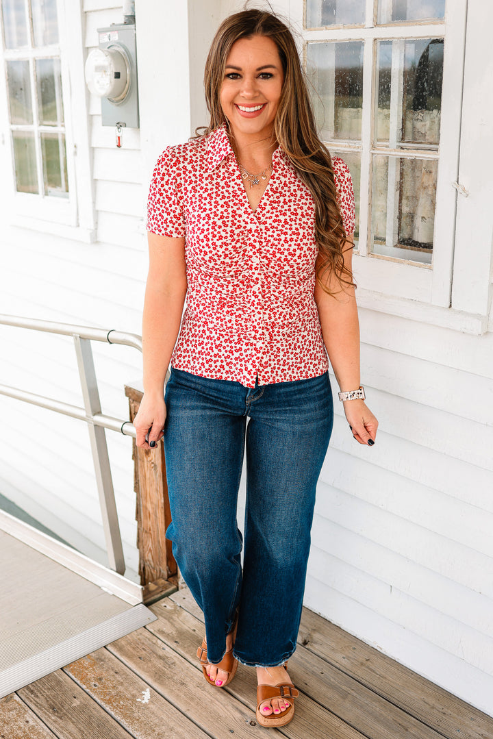 Jane Ruched Floral Button Down Shirt