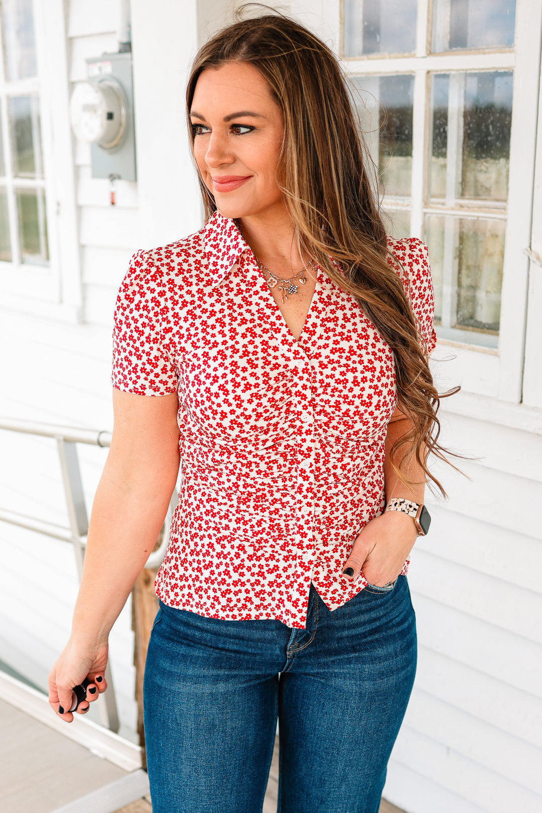 Jane Ruched Floral Button Down Shirt