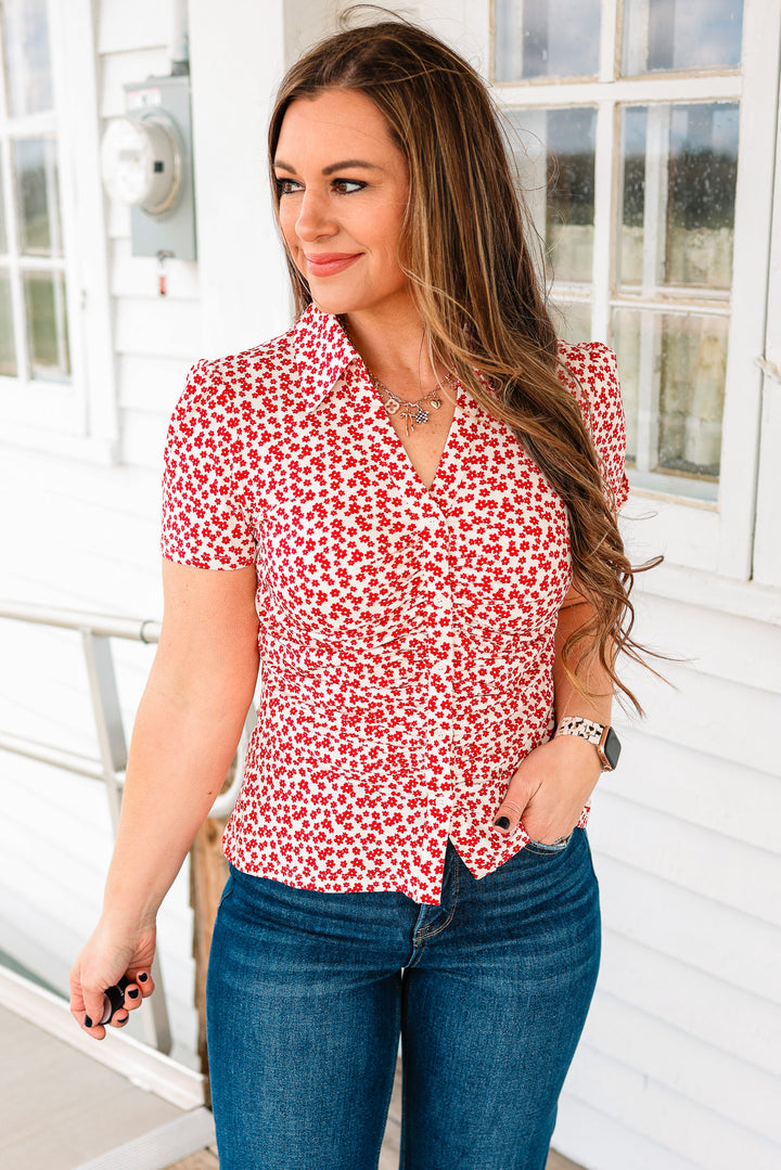Jane Ruched Floral Button Down Shirt