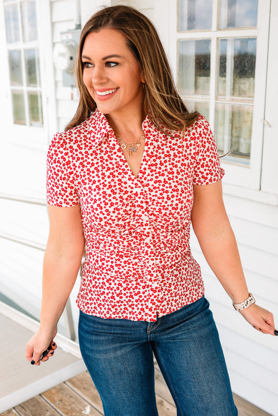 Jane Ruched Floral Button Down Shirt