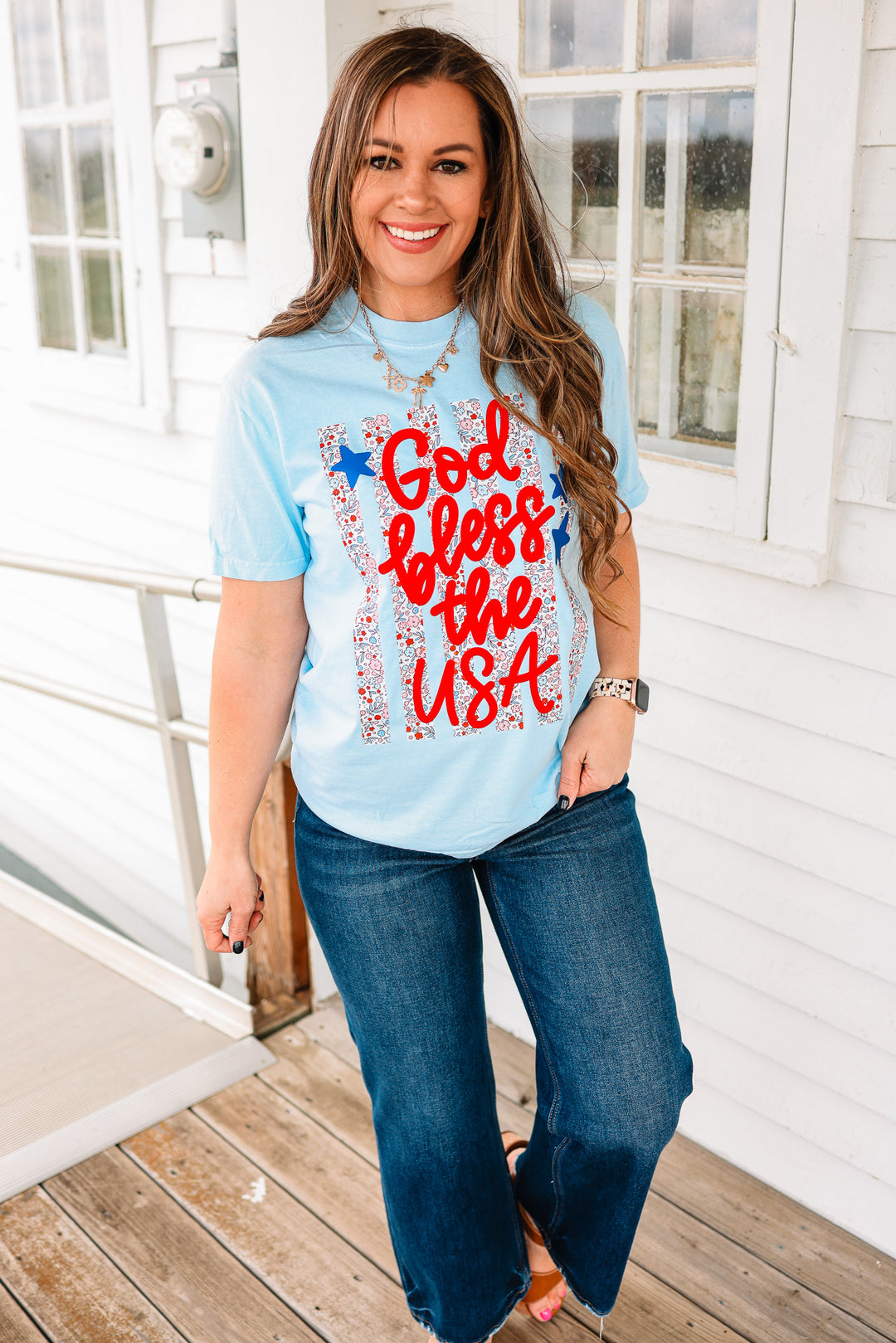 Floral Stripes God Bless the USA Graphic Tee - Hydrangea