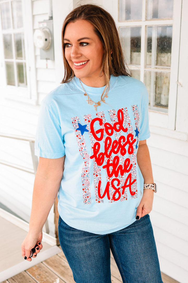 Floral Stripes God Bless the USA Graphic Tee - Hydrangea