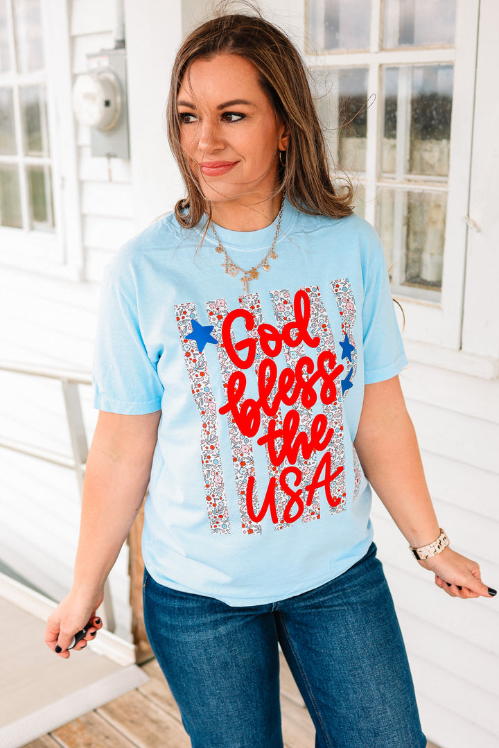 Floral Stripes God Bless the USA Graphic Tee - Hydrangea