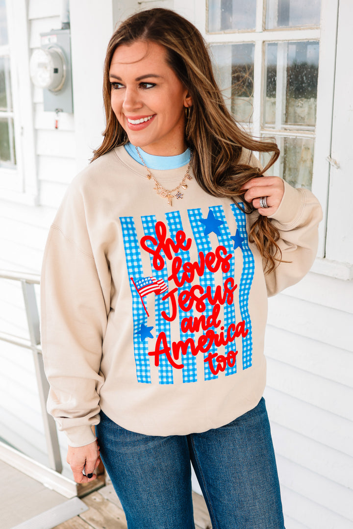 Gingham She Loves Jesus Crewneck Sweatshirt - Sand