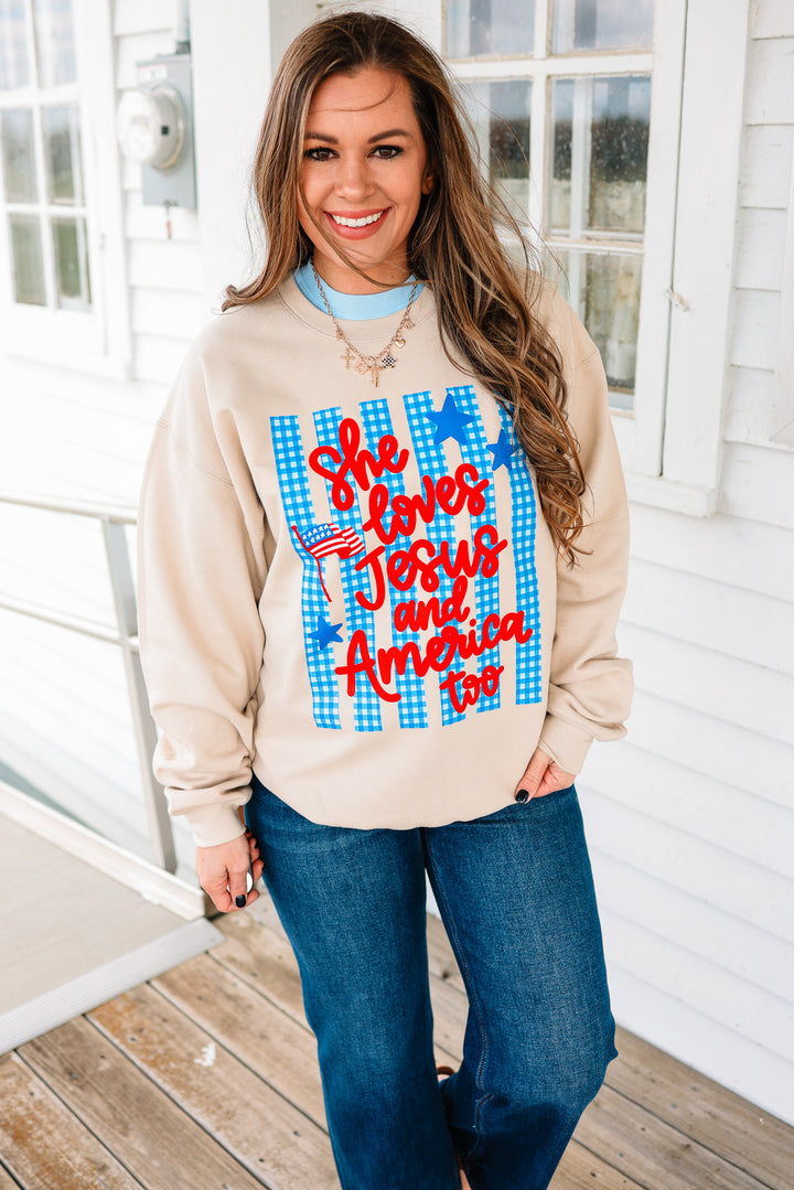 Gingham She Loves Jesus Crewneck Sweatshirt - Sand