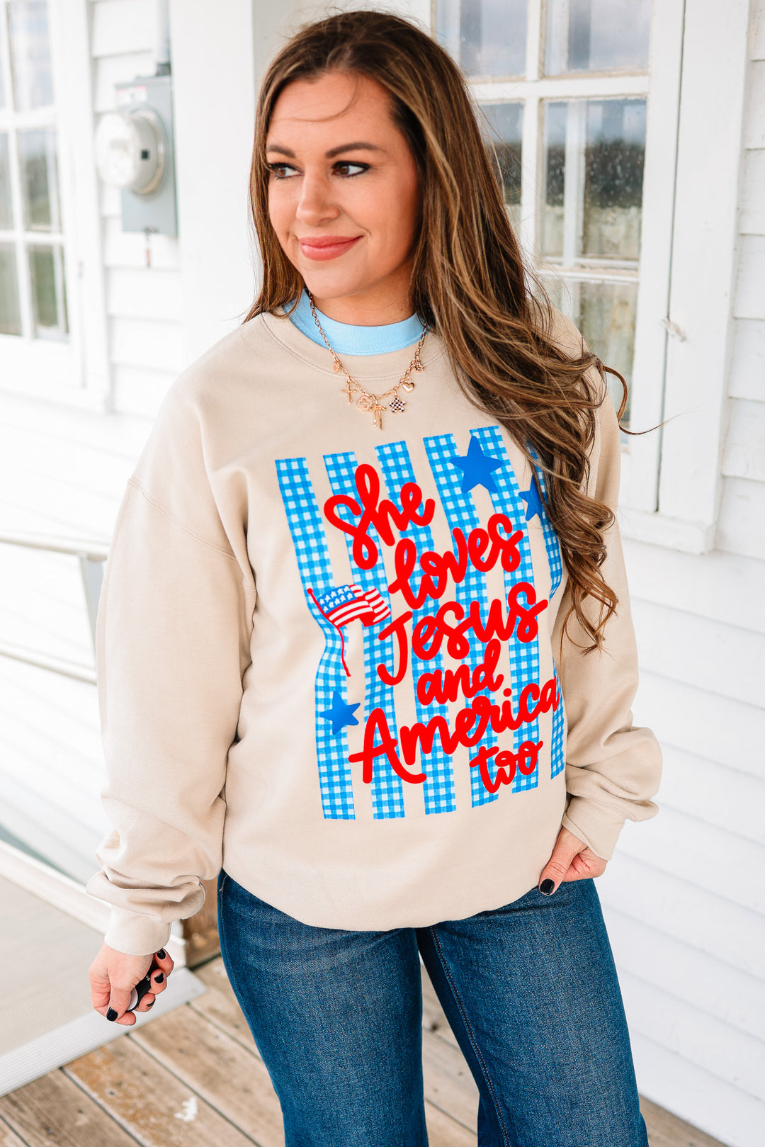 Gingham She Loves Jesus Crewneck Sweatshirt - Sand