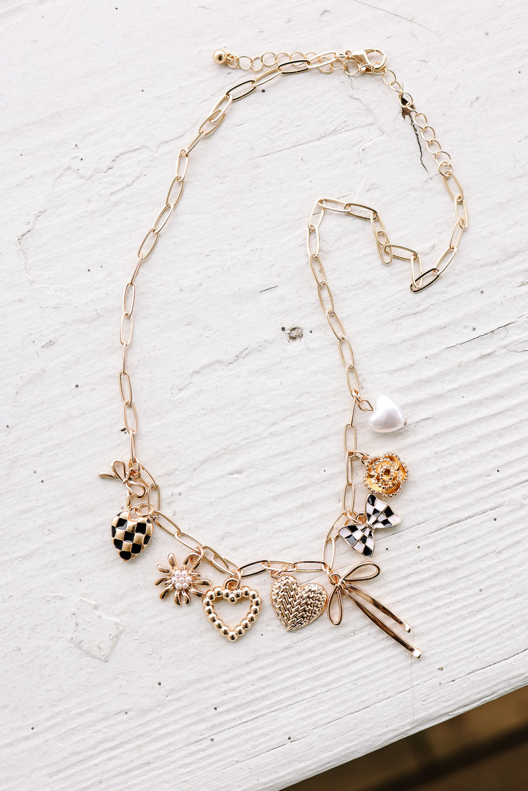 Bow Checker Heart Floral Charm Necklace