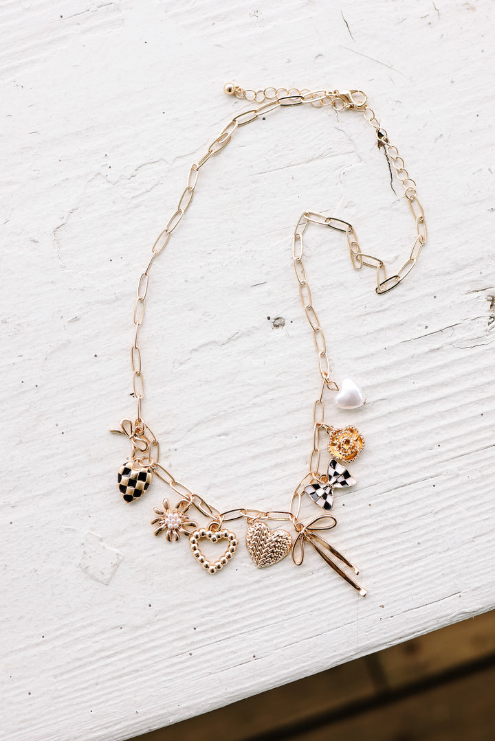 Bow Checker Heart Floral Charm Necklace